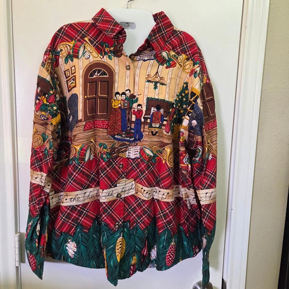 Sharon Young Vintage Christmas Carolers Plaid Skirt Shirt Set 14 Made in USA